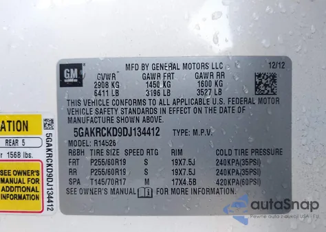 2013 Buick Enclave Leather z USA, uszkodzony, nr VIN 5GAKRCKD9DJ134412